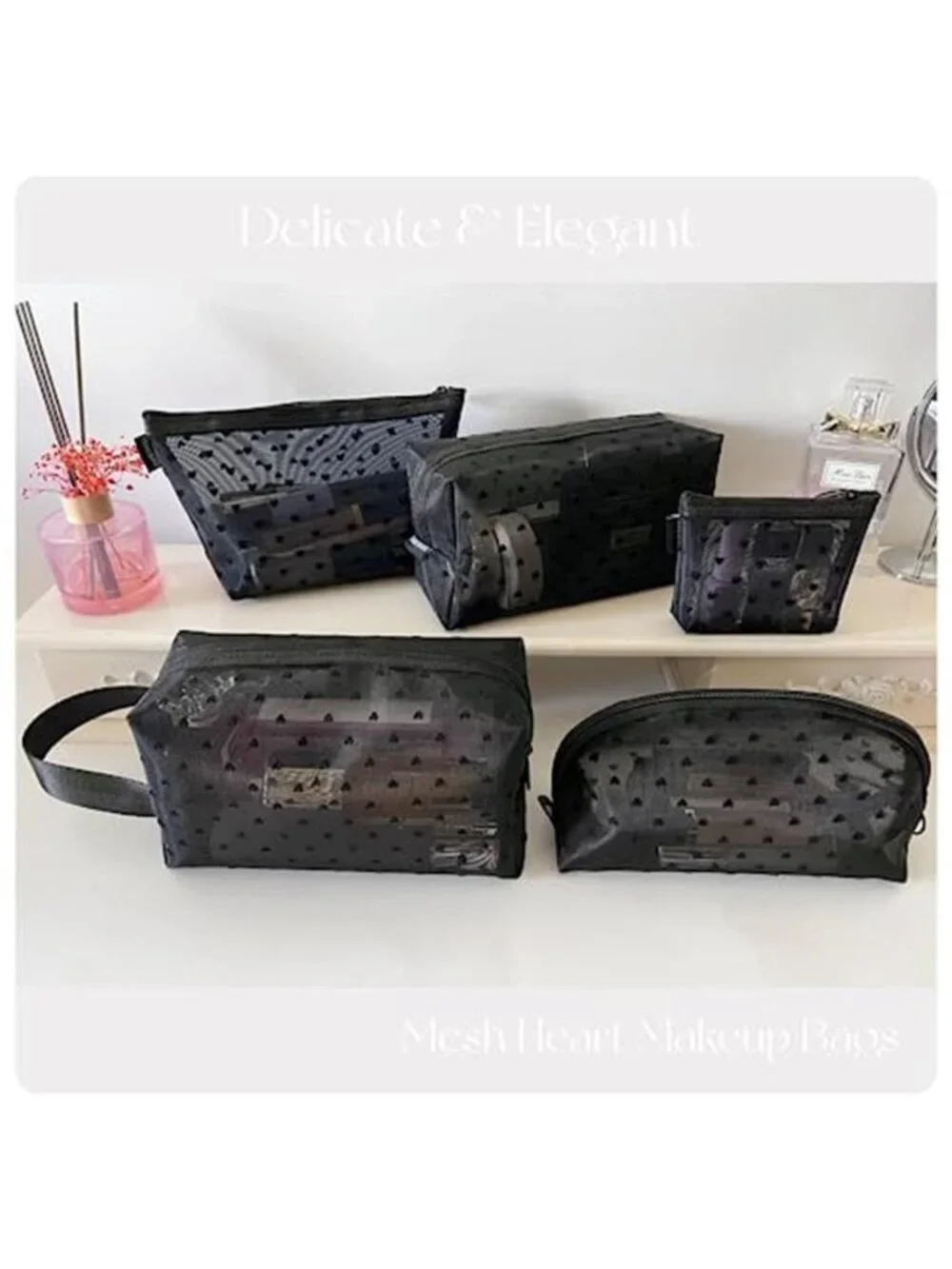 5 Pieces Heart Printed Mesh Makeup Bag Set Portable Travel Mesh Cosmetic Bags